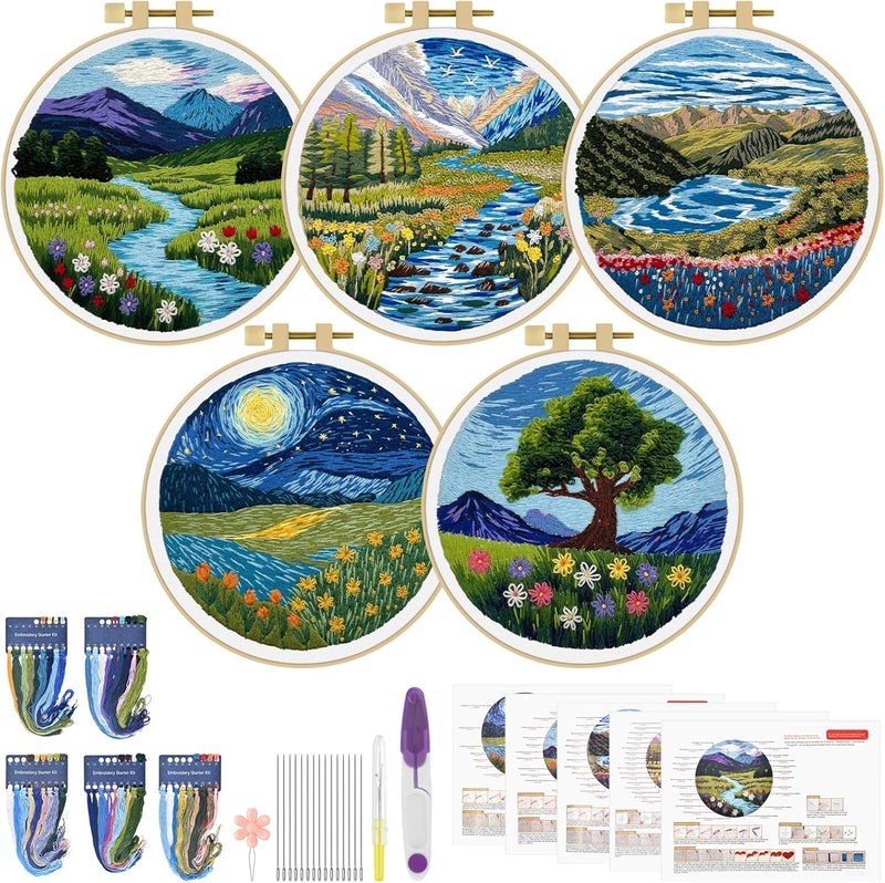 ERKOON 5 Sets Embroidery Kit for Beginners, Butterfly Cross Stitch Set for Include Embroidery Cloth Hoops Threads for Craft Lover Hand Stitch (Landscapes) - Image 1